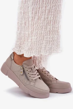 Best Skórzane Buty Sportowe Sneakersy Na Platformie Z Zamkiem Vinceza 88019 Ciemnobeżowe Damskie Sneakersy Damskie