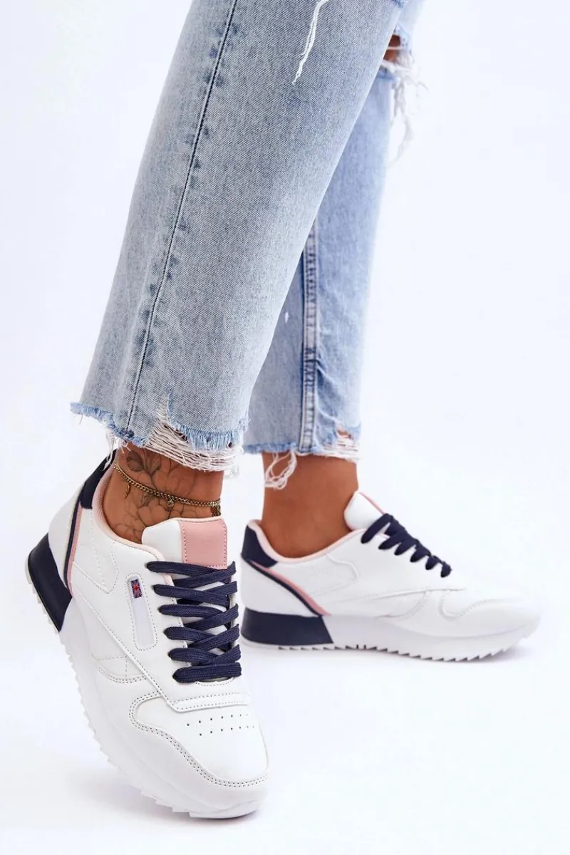 New Skórzane Buty Sportowe Sznurowane Na Platformie Biało-Granatowe Merida Damskie Buty Sportowe Na Platformie|Sneakersy Damskie
