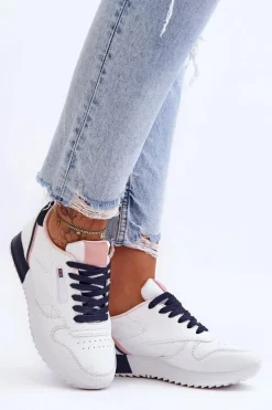 New Skórzane Buty Sportowe Sznurowane Na Platformie Biało-Granatowe Merida Damskie Buty Sportowe Na Platformie|Sneakersy Damskie