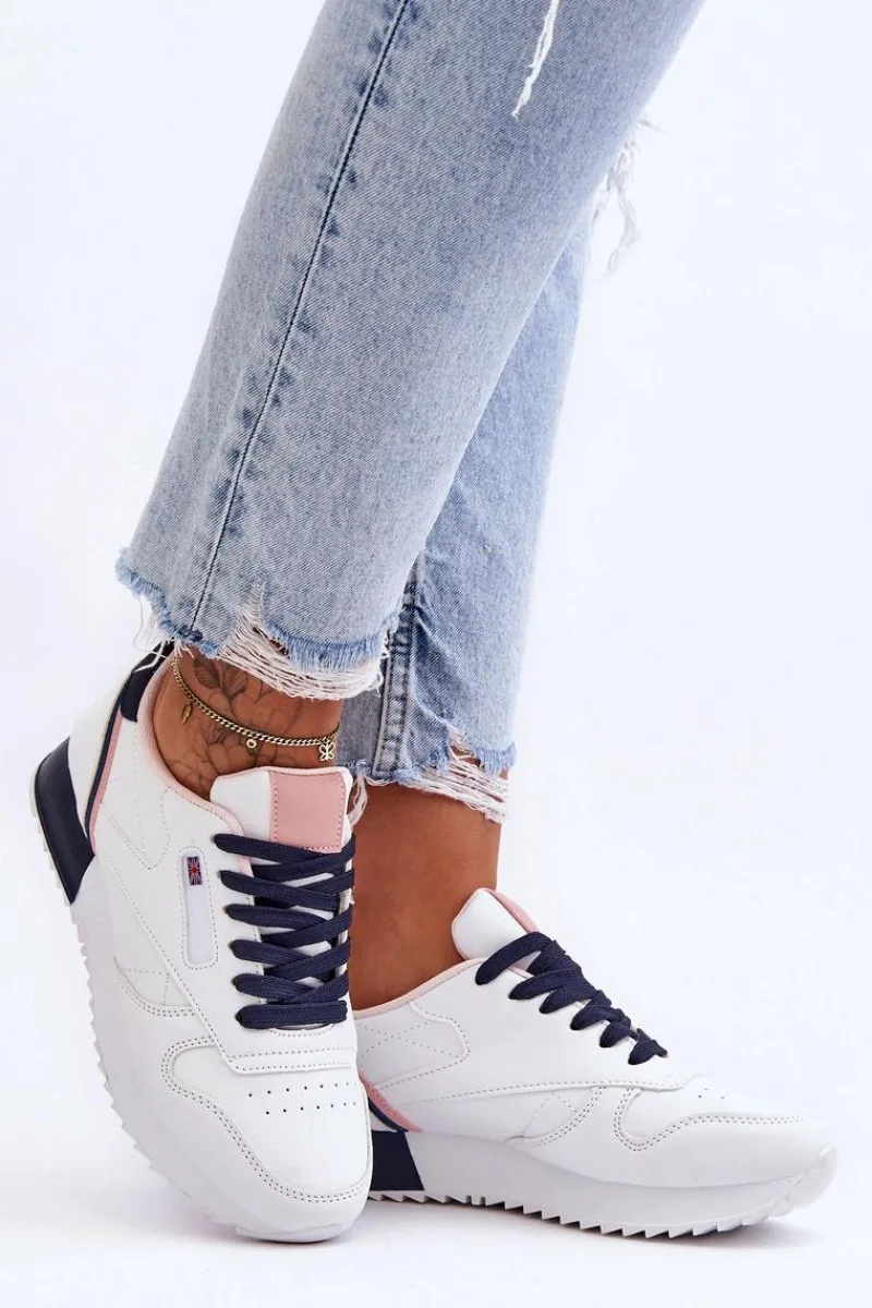 New Skórzane Buty Sportowe Sznurowane Na Platformie Biało-Granatowe Merida Damskie Buty Sportowe Na Platformie|Sneakersy Damskie