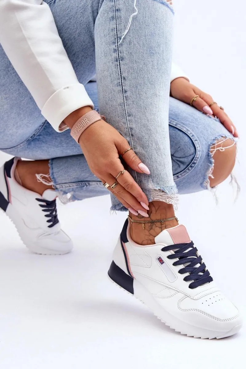 New Skórzane Buty Sportowe Sznurowane Na Platformie Biało-Granatowe Merida Damskie Buty Sportowe Na Platformie|Sneakersy Damskie