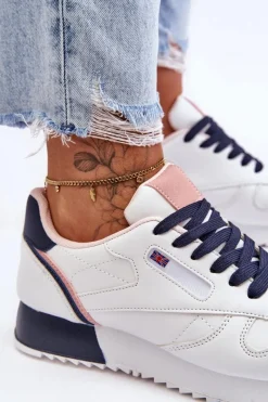 New Skórzane Buty Sportowe Sznurowane Na Platformie Biało-Granatowe Merida Damskie Buty Sportowe Na Platformie|Sneakersy Damskie