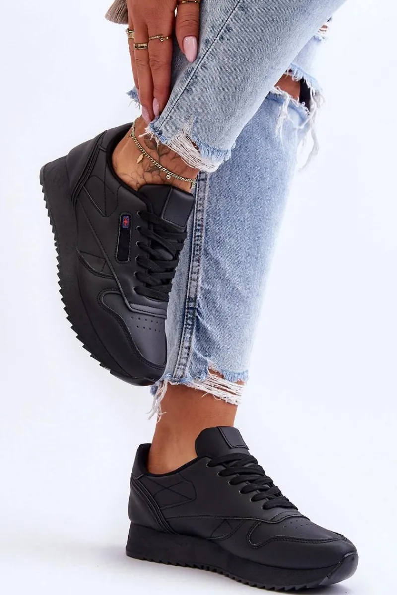 Best Boto Skórzane Buty Sportowe Sznurowane Na Platformie Czarne Merida