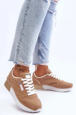Skórzane Buty Sportowe Sznurowane Na Platformie Beżowe Merida Damskie Buty Sportowe Na Platformie|Sneakersy Damskie