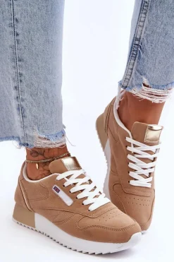 Skórzane Buty Sportowe Sznurowane Na Platformie Beżowe Merida Damskie Buty Sportowe Na Platformie|Sneakersy Damskie