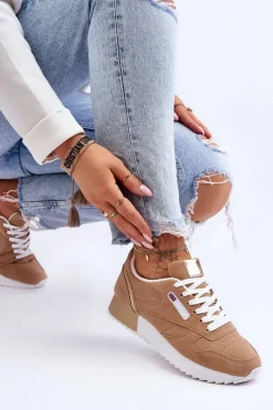 Skórzane Buty Sportowe Sznurowane Na Platformie Beżowe Merida Damskie Buty Sportowe Na Platformie|Sneakersy Damskie