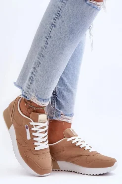 Skórzane Buty Sportowe Sznurowane Na Platformie Beżowe Merida Damskie Buty Sportowe Na Platformie|Sneakersy Damskie