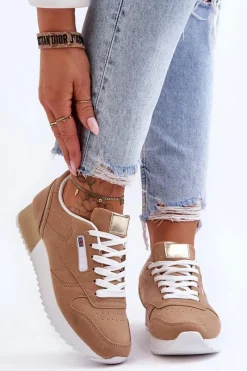 Skórzane Buty Sportowe Sznurowane Na Platformie Beżowe Merida Damskie Buty Sportowe Na Platformie|Sneakersy Damskie