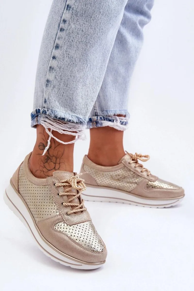 Online Skórzane Buty Sportowe Z Perforacją S.Barski AL22246 Złote Damskie Buty Sportowe Na Platformie|Sneakersy Damskie