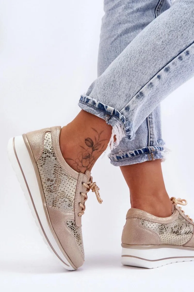 Online Skórzane Buty Sportowe Z Perforacją S.Barski AL22246 Złote Damskie Buty Sportowe Na Platformie|Sneakersy Damskie