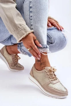 Online Skórzane Buty Sportowe Z Perforacją S.Barski AL22246 Złote Damskie Buty Sportowe Na Platformie|Sneakersy Damskie