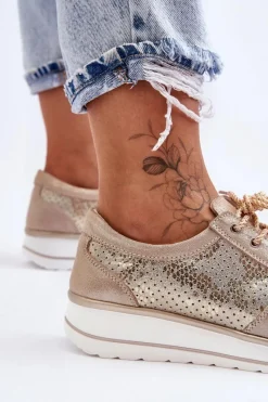 Online Skórzane Buty Sportowe Z Perforacją S.Barski AL22246 Złote Damskie Buty Sportowe Na Platformie|Sneakersy Damskie