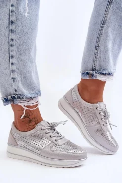 Buty Sportowe Na Platformie|Sneakersy Damskie>Damskie buty S.Barski Skórzane Buty Sportowe Z Perforacją S.Barski AL22246 Srebrne
