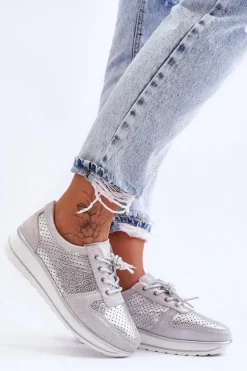 Buty Sportowe Na Platformie|Sneakersy Damskie>Damskie buty S.Barski Skórzane Buty Sportowe Z Perforacją S.Barski AL22246 Srebrne