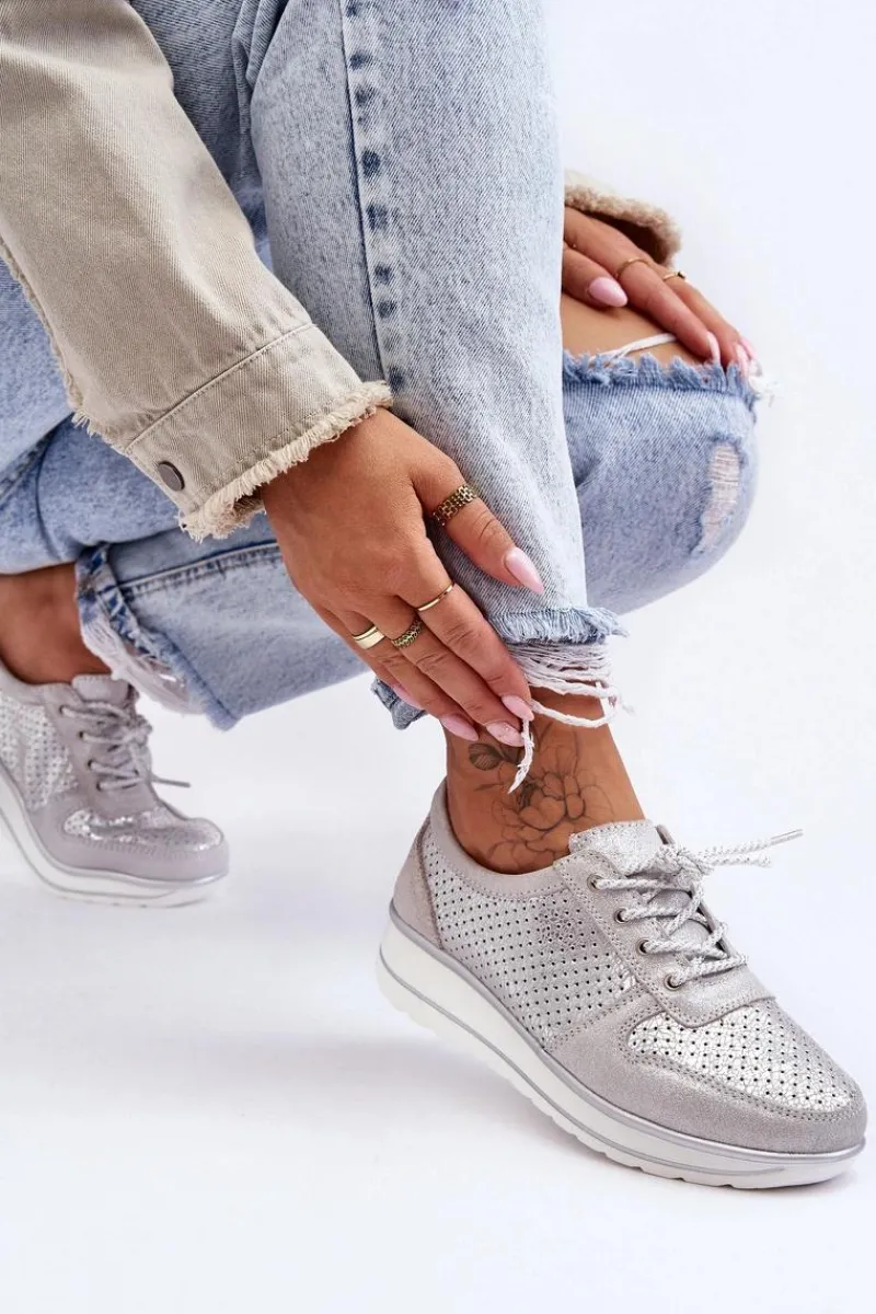 Buty Sportowe Na Platformie|Sneakersy Damskie>Damskie buty S.Barski Skórzane Buty Sportowe Z Perforacją S.Barski AL22246 Srebrne