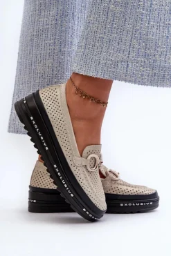 Outlet Damskie buty S.Barski Skórzane Błyszczące Mokasyny Damskie Na Platformie Z Ozdobą S.Barski LR750 Złote Złoty