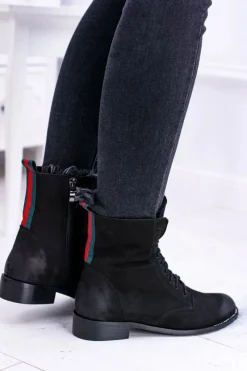 Discount Skórzane Czarne Damskie Botki The Island Damskie Botki Sznurowane|Botki Zimowe Damskie