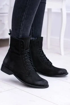 Discount Skórzane Czarne Damskie Botki The Island Damskie Botki Sznurowane|Botki Zimowe Damskie