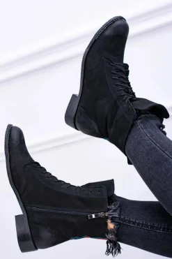 Discount Skórzane Czarne Damskie Botki The Island Damskie Botki Sznurowane|Botki Zimowe Damskie