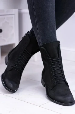 Discount Skórzane Czarne Damskie Botki The Island Damskie Botki Sznurowane|Botki Zimowe Damskie