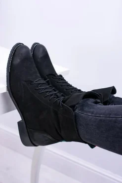 Discount Skórzane Czarne Damskie Botki The Island Damskie Botki Sznurowane|Botki Zimowe Damskie