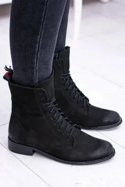 Discount Skórzane Czarne Damskie Botki The Island Damskie Botki Sznurowane|Botki Zimowe Damskie