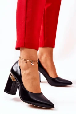 Skórzane Czółenka Lewski 3117 Czarne Damskie Czółenka Na Słupku