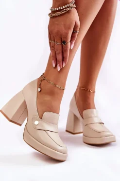 Discount Skórzane Czółenka Lewski Shoes 3195/2 Beżowe Damskie Czółenka Na Platformie|Czółenka Na Słupku