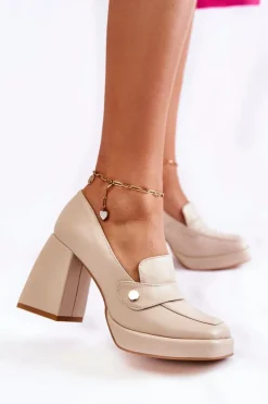 Discount Skórzane Czółenka Lewski Shoes 3195/2 Beżowe Damskie Czółenka Na Platformie|Czółenka Na Słupku