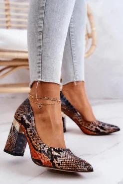 Czółenka Na Słupku>Boto Skórzane Czółenka Lewski Wężowe 3117 Pomarańczowo-Brązowe