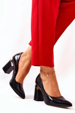 Czółenka Na Słupku>Boto Skórzane Czółenka Lewski Wężowe 3117 Czarne Czarny