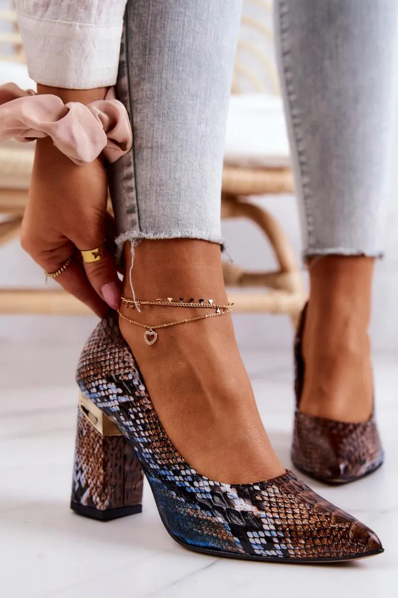 Sale Boto Skórzane Czółenka Lewski Wężowe 3117 Brązowo-Niebieskie