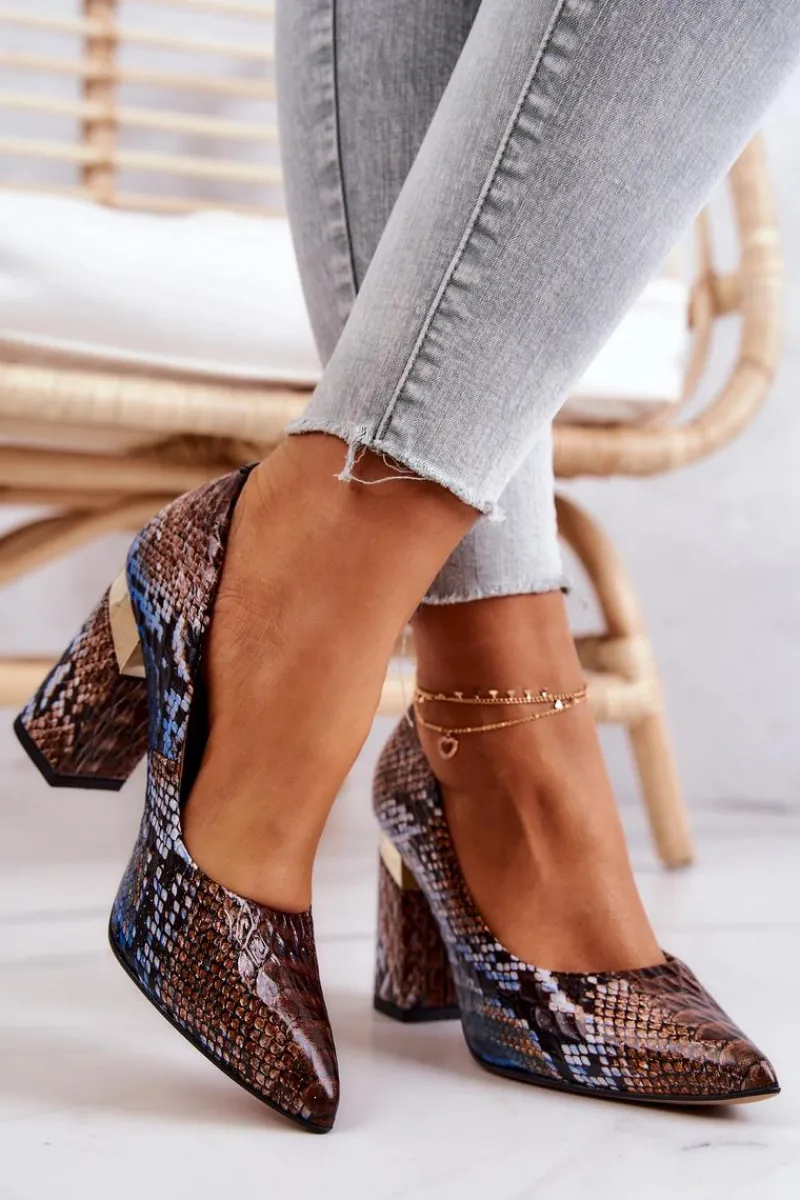 Sale Boto Skórzane Czółenka Lewski Wężowe 3117 Brązowo-Niebieskie