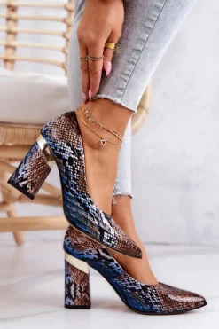 Sale Boto Skórzane Czółenka Lewski Wężowe 3117 Brązowo-Niebieskie