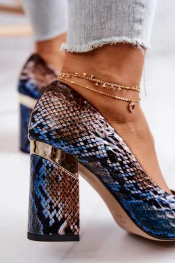 Sale Boto Skórzane Czółenka Lewski Wężowe 3117 Brązowo-Niebieskie