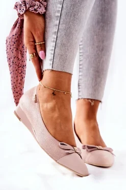 Hot Skórzane Czółenka Na Koturnie 0590-M04 Jasnoróżowe Damskie Czółenka Klasyczne