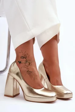 Online Boto Skórzane Czółenka Na Masywnym Obcasie Złote Rosalia