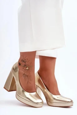 Online Boto Skórzane Czółenka Na Masywnym Obcasie Złote Rosalia