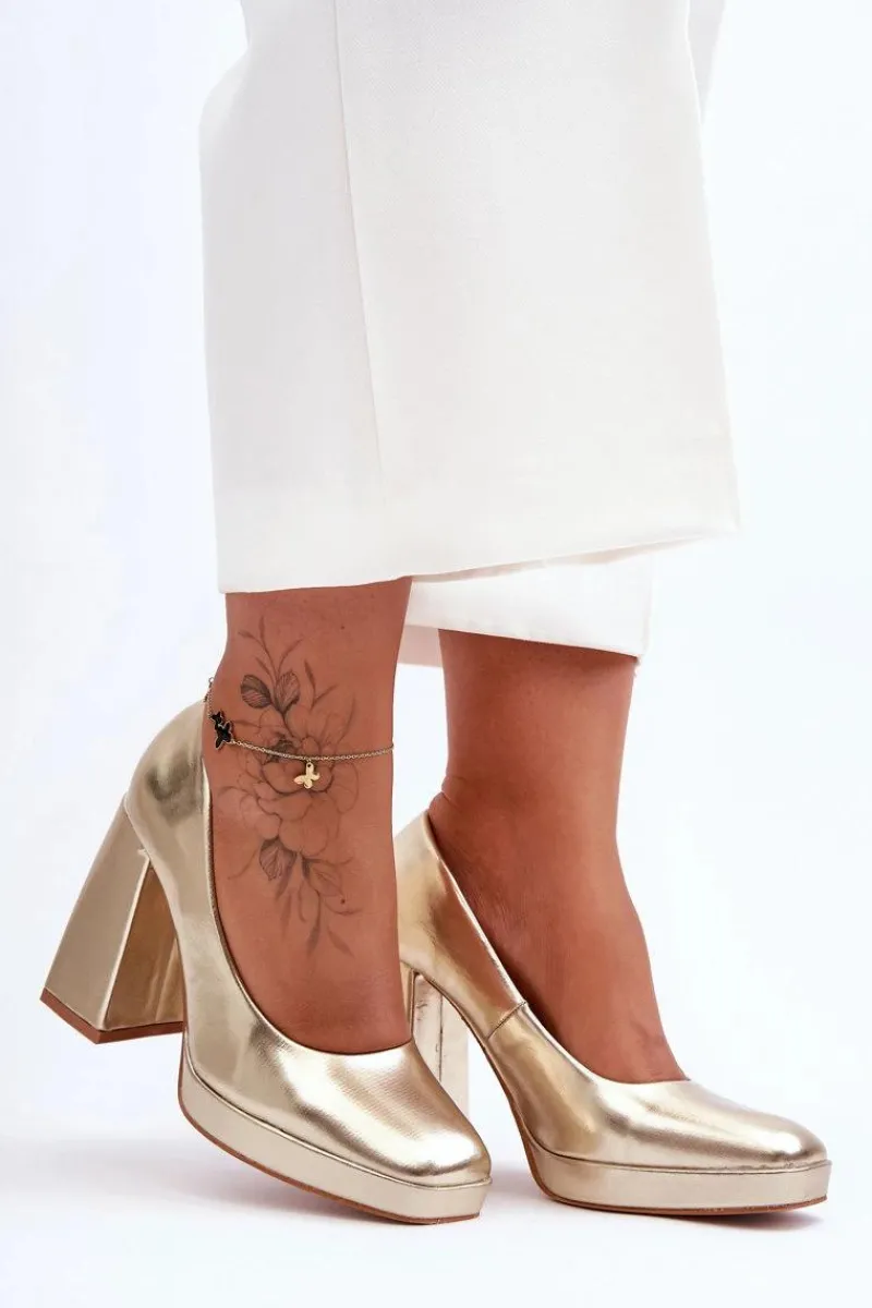 Online Boto Skórzane Czółenka Na Masywnym Obcasie Złote Rosalia