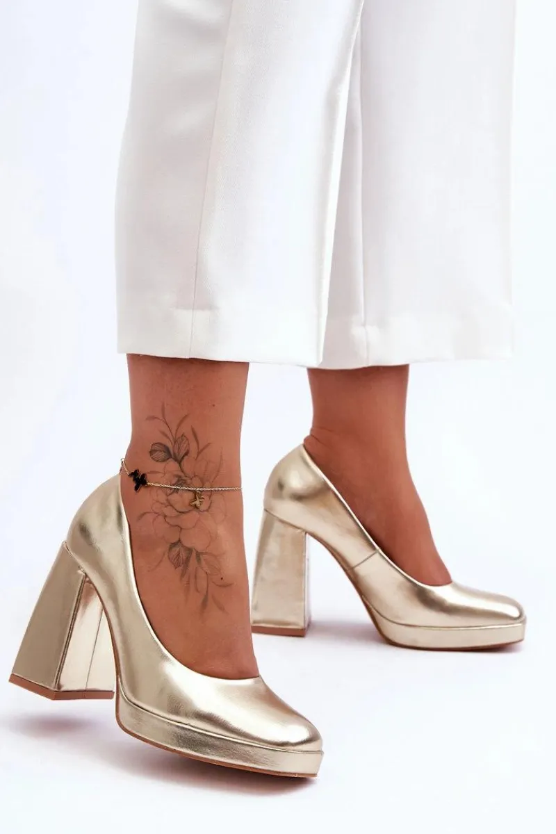 Online Boto Skórzane Czółenka Na Masywnym Obcasie Złote Rosalia