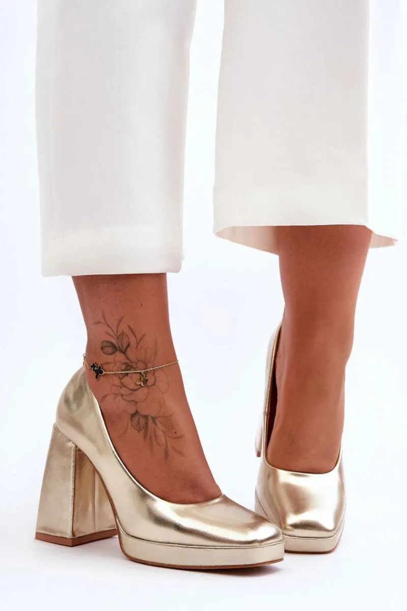 Online Boto Skórzane Czółenka Na Masywnym Obcasie Złote Rosalia