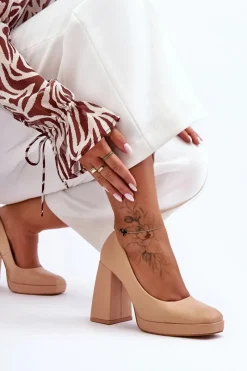 Skórzane Czółenka Na Masywnym Obcasie Nude Rosalia Damskie Czółenka Na Platformie|Czółenka Na Słupku