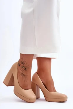 Skórzane Czółenka Na Masywnym Obcasie Nude Rosalia Damskie Czółenka Na Platformie|Czółenka Na Słupku