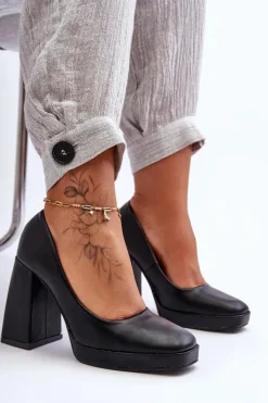 Outlet Skórzane Czółenka Na Masywnym Obcasie Czarne Rosalia Damskie Czółenka Na Platformie|Czółenka Na Słupku