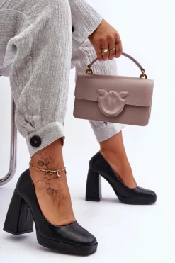 Outlet Skórzane Czółenka Na Masywnym Obcasie Czarne Rosalia Damskie Czółenka Na Platformie|Czółenka Na Słupku