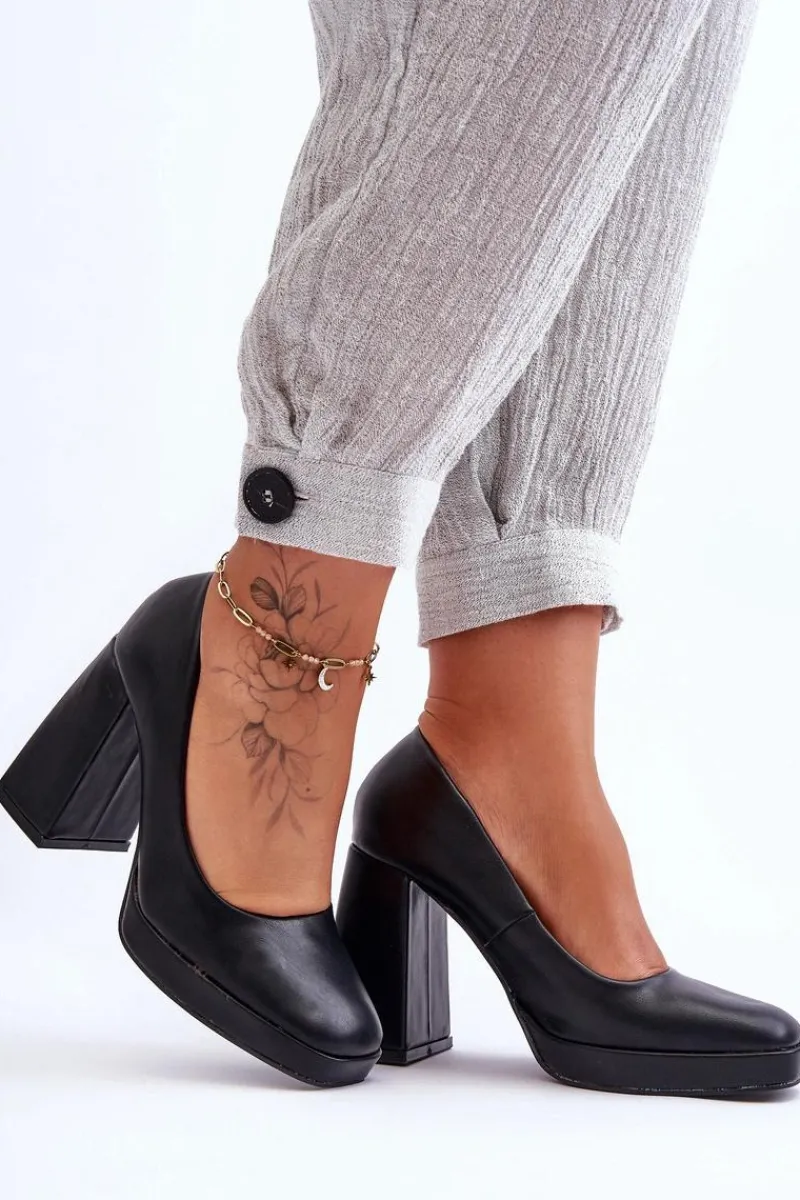 Outlet Skórzane Czółenka Na Masywnym Obcasie Czarne Rosalia Damskie Czółenka Na Platformie|Czółenka Na Słupku