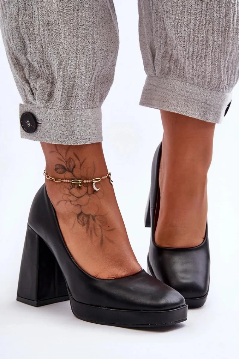 Outlet Skórzane Czółenka Na Masywnym Obcasie Czarne Rosalia Damskie Czółenka Na Platformie|Czółenka Na Słupku