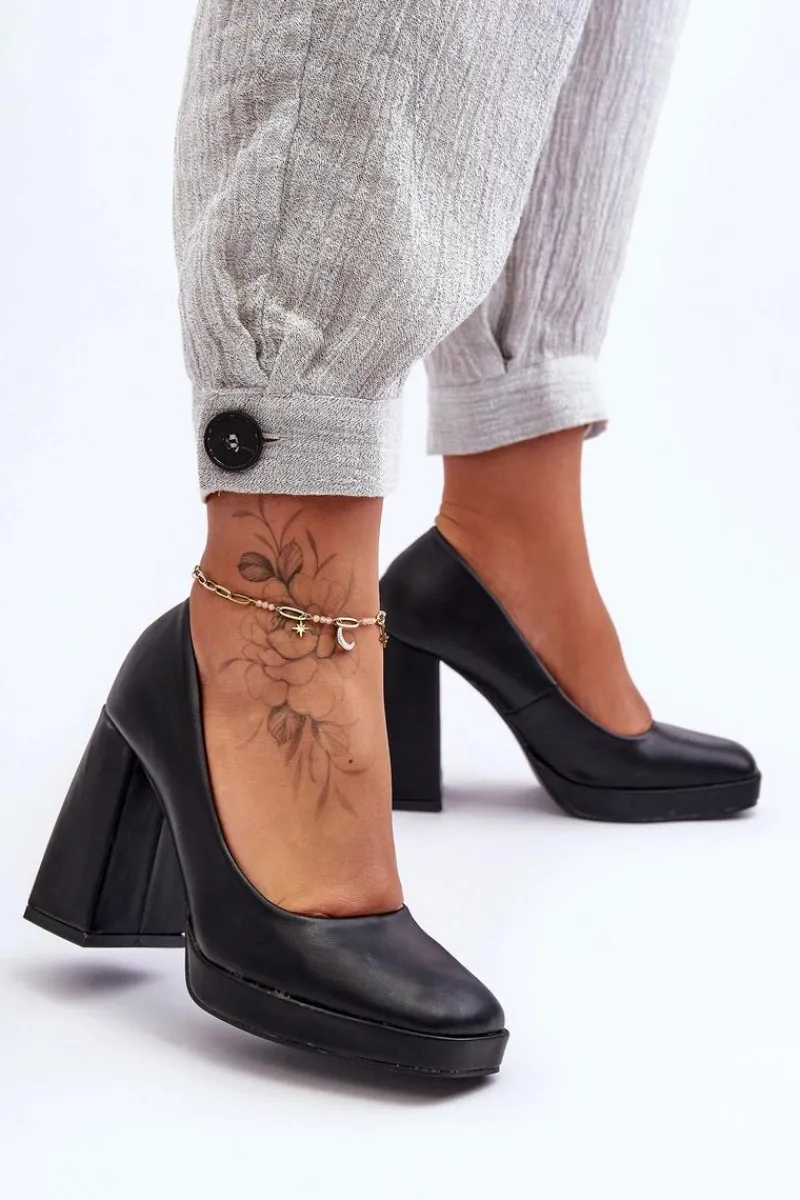 Outlet Skórzane Czółenka Na Masywnym Obcasie Czarne Rosalia Damskie Czółenka Na Platformie|Czółenka Na Słupku