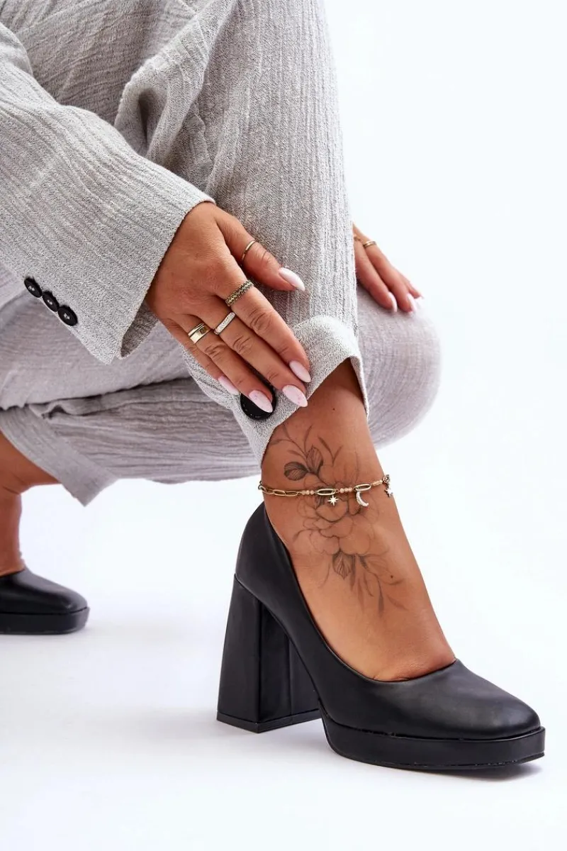 Outlet Skórzane Czółenka Na Masywnym Obcasie Czarne Rosalia Damskie Czółenka Na Platformie|Czółenka Na Słupku