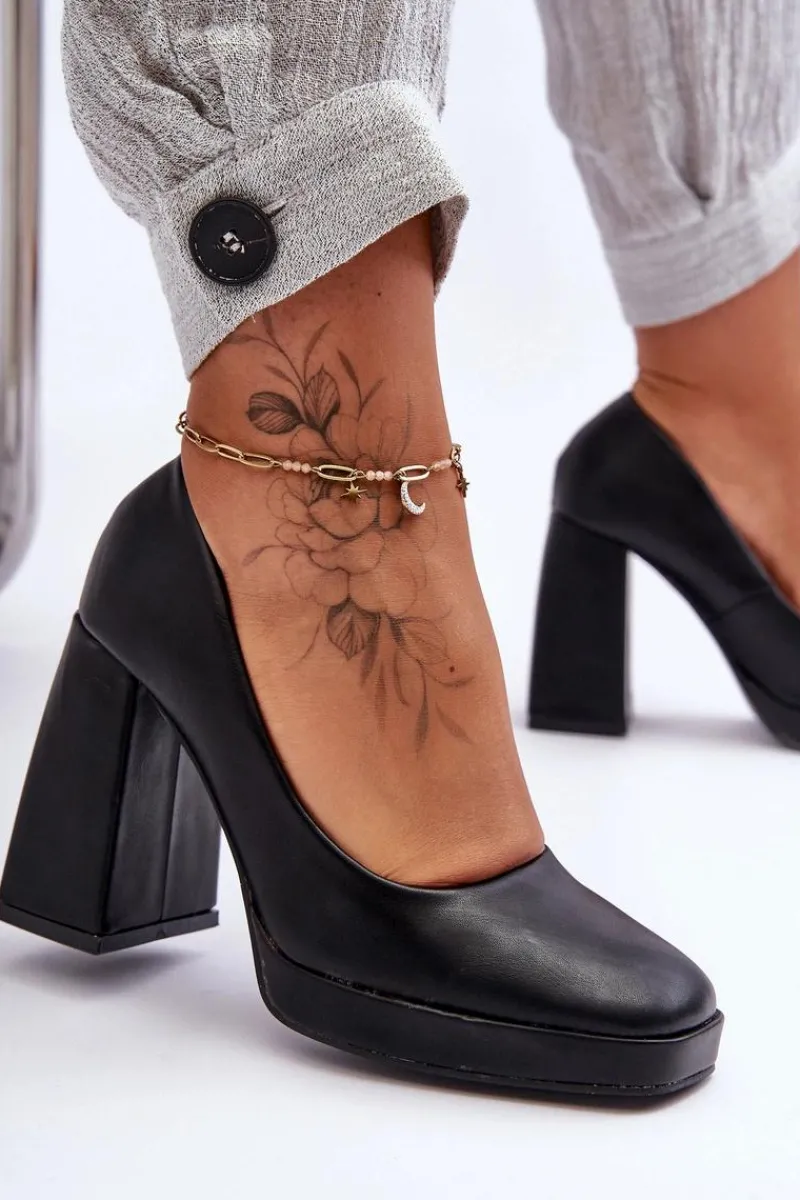 Outlet Skórzane Czółenka Na Masywnym Obcasie Czarne Rosalia Damskie Czółenka Na Platformie|Czółenka Na Słupku